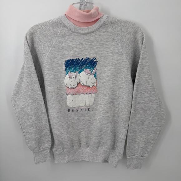 VTG 90s Snow Bunnies Sweatshirt Gray Pullover Rabbits Graphic Winter Cozy M/L - Picture 1 of 6